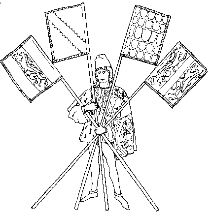 [Here is shown the herald who holds the four banners of the four judges.]